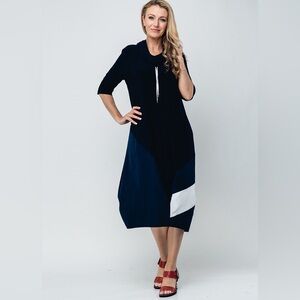 Joseph Ribkoff Black Silky Smooth Cocoon Dress in Black & White accent.